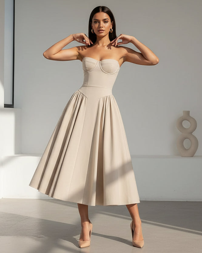 Midi Dress with Thin Straps and Flared Skirt