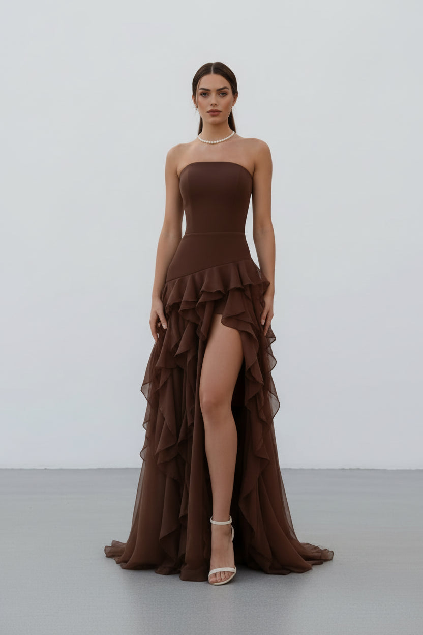 Strapless Long Dress with Asymmetrical Ruffles