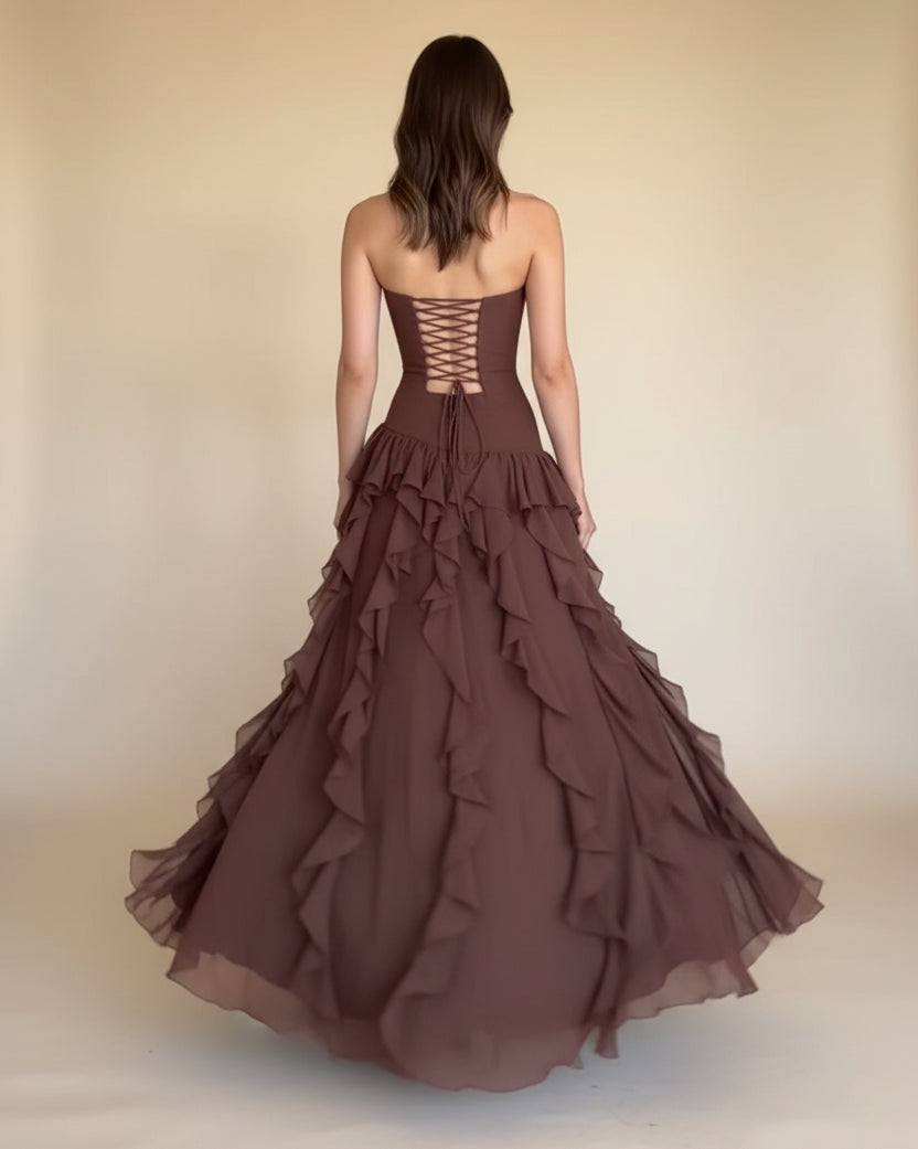 Strapless Long Dress with Asymmetrical Ruffles