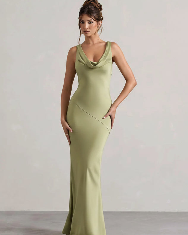 Satin Mermaid Evening Dress with V-Neckline